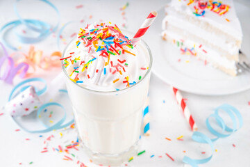 Birthday cake milkshake or smoothie drink.  Frozen homemade Birthday cake white vanilla ice cream...