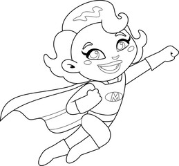Outlined Super Hero Mom Cartoon Character Flying. Vector Hand Drawn Illustration Isolated On Transparent Background