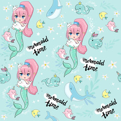 Beautiful mermaid and little whales unicorns in anime style seamless pattern. Vector illustration on a blue background. Print for children's T-shirt