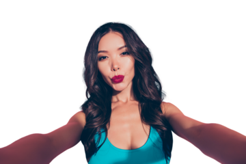 Self-portrait of nice cheerful flirty positive coquettish sweet adorable attractive glamorous gorgeous magnificent luxury wavy-haired lady lover curls plump lips isolated over pink pastel background