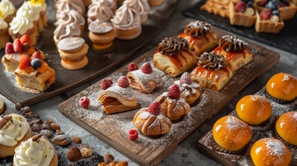 Assorted Gourmet Pastries on Wooden Boards