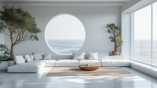   A spacious living room boasts a grand circular window and a pristine white sofa adorned with plush white cushions below