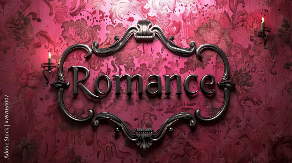 Poster a single colored background with the word 'romance' written in bold font is seen in the image.