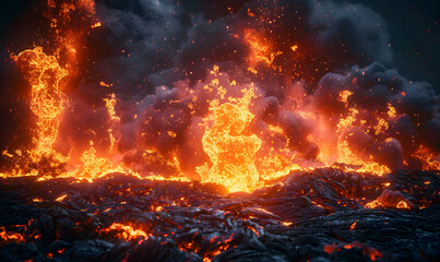 Dramatic scene of molten lava bursting with fire and smoke - obrazy, fototapety, plakaty