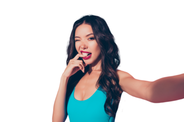 Self-portrait of nice cheeky cocky confident cheerful crazy coquettish flirty adorable attractive glamorous charming wavy-haired lady biting nail isolated over pink pastel background