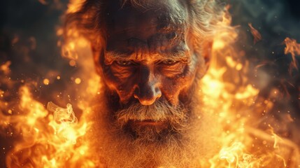  A man with long hair and a beard stands in front of flames, gazing directly into the camera lens