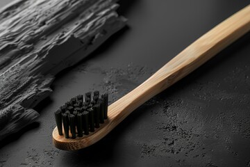 Charcoal powder for brushing and whitening teeth and a bamboo brush on a dark background. Natural dental care products. - obrazy, fototapety, plakaty