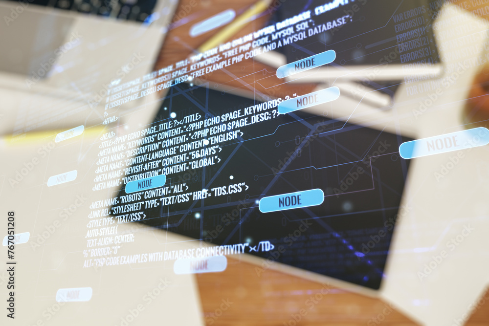 Aufkleber multi exposure of abstract software development hologram and digital tablet on background, top view,