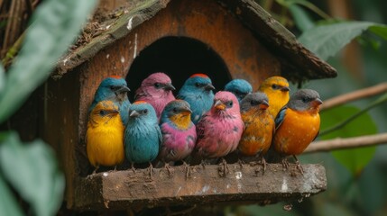   A group of vibrant birds perched on a wooden birdhouse beside a verdant tree branch