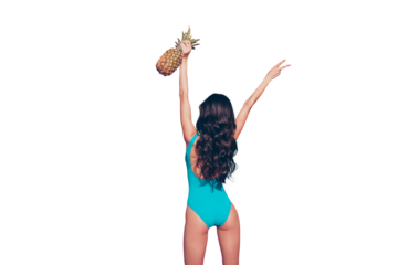 Rear back behind view portrait of slim fit thin gorgeous graceful charming adorable nice attractive wavy-haired lady holding raising ananas up v-sign isolated over pink pastel background