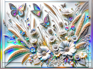Glass art wildflowers and butterflies with crystal accents on white