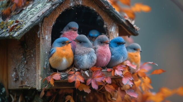   A group of birds perched on a wood birdhouse near an orange-blue tree branch