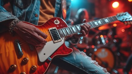   A close-up of a musician on stage with a guitar, microphone, and background mic