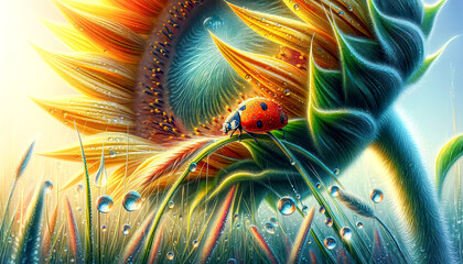 A glimpse into the enchanted world of a ladybug in the morning. Ladybird sitting on a sunflower with raindrops