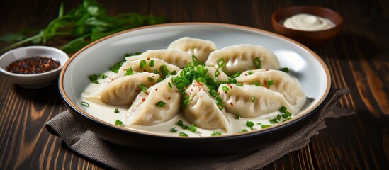 A classic dish of mandu dumplings served with sour cream and green onions, a comforting staple food in many cuisines, displayed on a wooden table