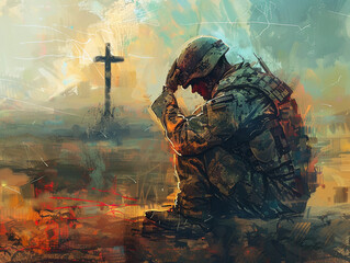 Christian soldier praying with cross in the background. Digital painting 