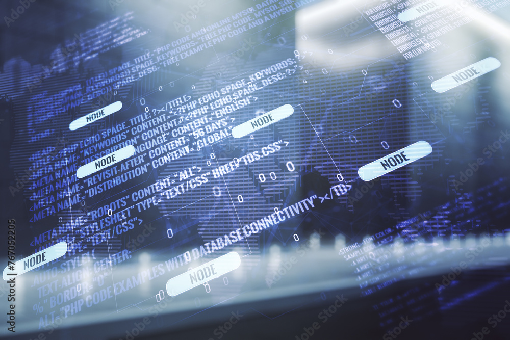 Aufkleber abstract virtual coding concept and world map hologram on blurry modern office building background. 