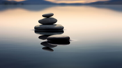 Obraz na płótnie Canvas Calmness on water zen stones balance in calming reflections
