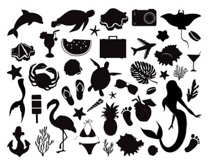 Collection of vector summer icons illustration mermaids and marine inhabitants on a white background isolated