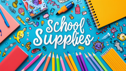 A colorful image displays the phrase "School Supplies" against a blank background.