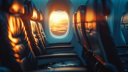 Airplane cabin interior with warm sunlight streaming through window
