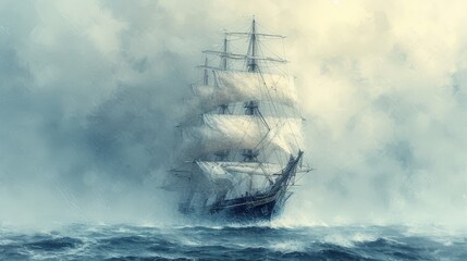  A sailing ship painting in the middle of the ocean emitting smoke