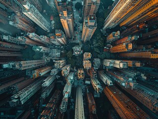 Capture a surrealistic aerial view merging utopian and dystopian elements seamlessly, symbolizing the complex nature of modern societal issues with an innovative twist that challenges perceptions