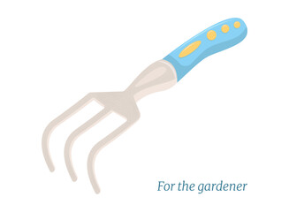 Small metal gardener's rake for loosening the soil in greenhouse, home, or garden. Vector texture pattern with grain. Farmer's tool for caring for plants