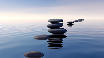Fototapeta na wymiar Calmness on water zen stones balance in calming reflections