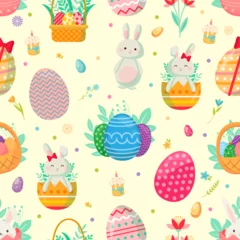 Foto op Aluminium Easter, Happy Easter, seamless pattern, Easter eggs, bunnies, flowers, Easter cake, pattern for fabric, textile, wallpaper, gift wrapping paper, illustration, vector.  © Олег С_О_О