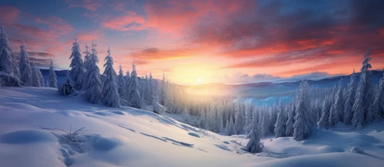 Tafelkleed As the sun sets over a snowy forest, the sky is filled with clouds creating a picturesque atmosphere. The trees are covered in snow, enhancing the natural landscape of the mountain slope © AkuAku