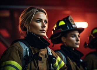 Female firefighter among colleagues during training exercise 