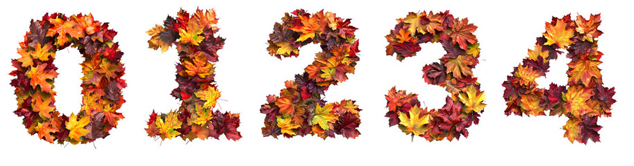 Naklejka na ściany i meble Number 0, 1, 2, 3, 4 crafted from autumn leaves, with a mixture of red, orange, and yellow hues on transparent background cutout - Generative AI