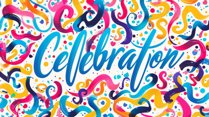 The image shows a single colored banner with the word "Celebration" on it. It is a festive and joyful scene.