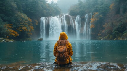   A person in a yellow jacket stands before a waterfall and a body of water with the waterfall in the background