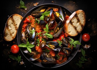 Delicious mussels cooked in tomato sauce served with bread on a dark background