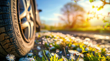 A tire is in the foreground of a field of flowers. The tire is black and has a white logo on it. Concept of peace and tranquility - obrazy, fototapety, plakaty