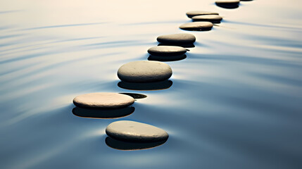 Fototapeta na wymiar Calmness on water zen stones balance in calming reflections