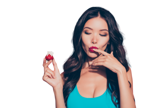 Portrait of nice cute curious foxy glamorous lovely sweet attractive charming adorable wavy-haired lady red lips licking finger hungry want wish whipped cream isolated on pink background
