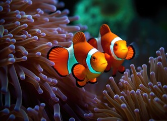 Clown fish swimming in sea anemone	