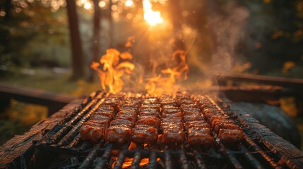   A BBQ grill with hot dogs cooking on it and the sun shining through trees on the opposite side - obrazy, fototapety, plakaty