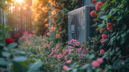   An AC sits atop a green wall beside a flowering plant