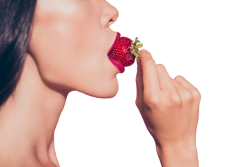 Close-up cropped half face profile side view portrait of lovely sweet feminine glamorous attractive wavy-haired lady eating biting licking tasting enjoying dessert red lips isolated on pink background