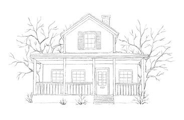Winter landscape with country house and trees isolated on white background. Graphic outline sketch illustration