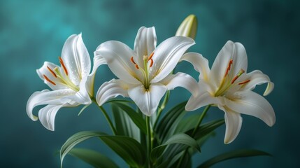 Fototapeta na wymiar White lilies in blue vase on green tablecloth