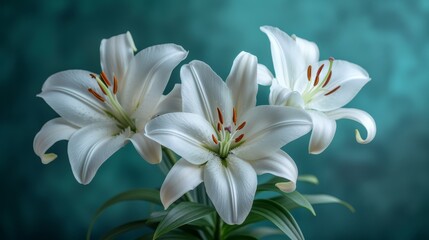 Fototapeta na wymiar A vase containing white lilies set against a backdrop of blue and teal with a red striped center flower