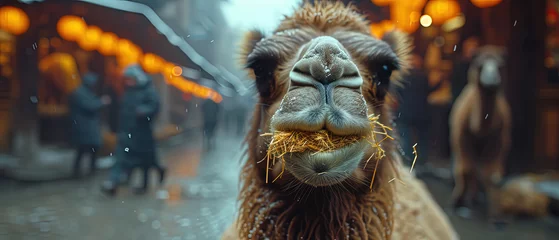 Selbstklebende Fototapeten a camel that is eating hay in the street © Masum