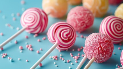 Fototapeta na wymiar Colorful candy lollipops on pastel blue backdrop with festive sprinkles