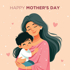 a mother holding her baby and smiling with hearts on the background.