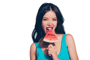 Close-up portrait of naughty cocky cheeky adorable charming attractive gorgeous toothy wavy-haired lady biting melon piece isolated over pink pastel background